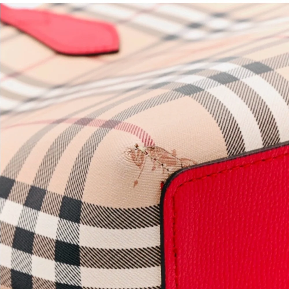 BURBERRY Reversible Haymarket Check Tote Red Leather & Plaid Dust Bag & Charm - Picture 4 of 14